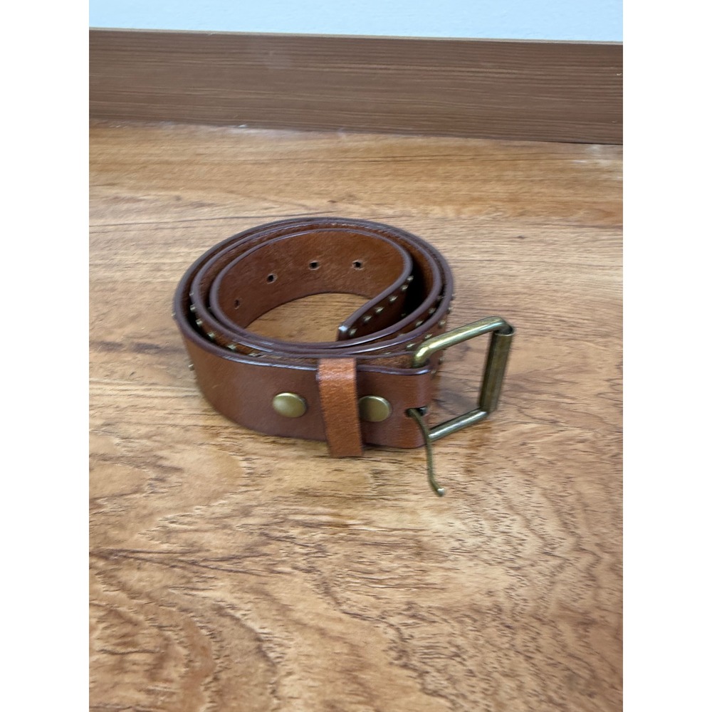 Cognac Brown Leather Studded Belt Antique Brass Roller Buckle Wide Rugged Belt